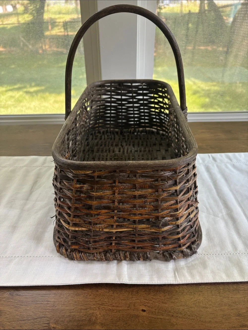 Vintage Woven Wicker Basket with Heart Cutouts 17”x9.5” Cottagecore